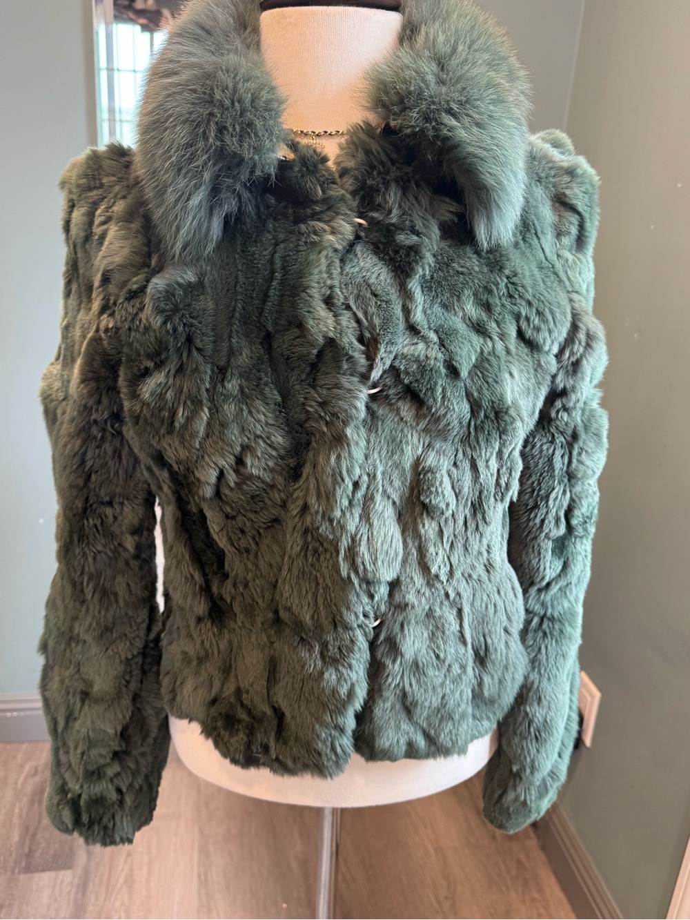 Vintage Style Green Plush Fur Jacket Fox Fur Collar Glam Y2K Coat